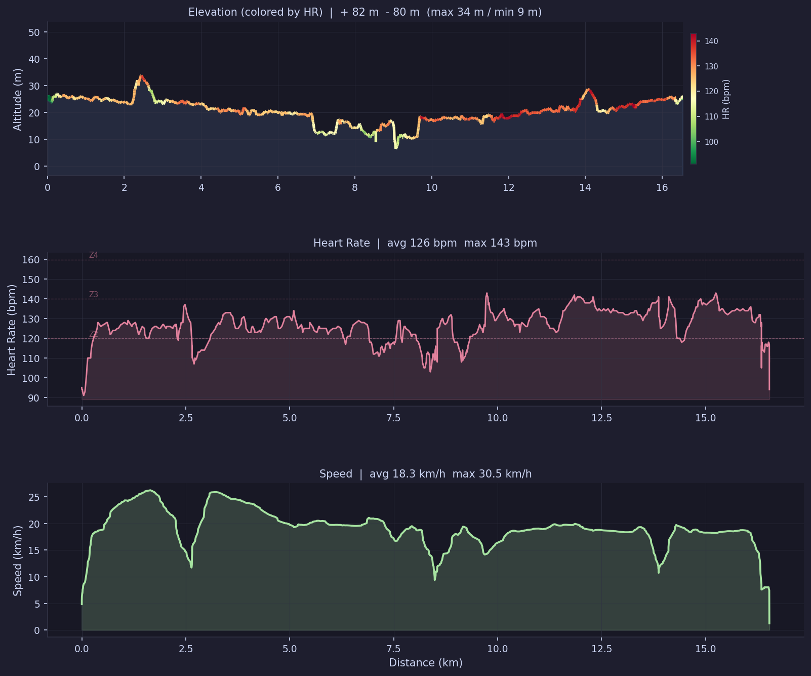 Elevation, heart rate, speed charts