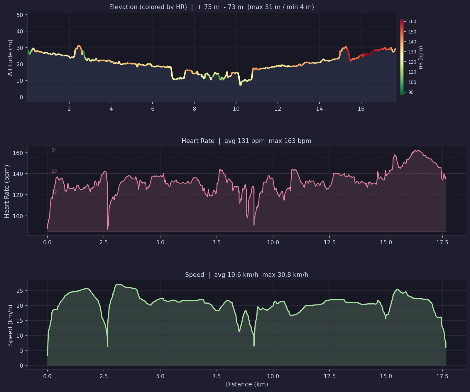 Elevation, heart rate, speed charts