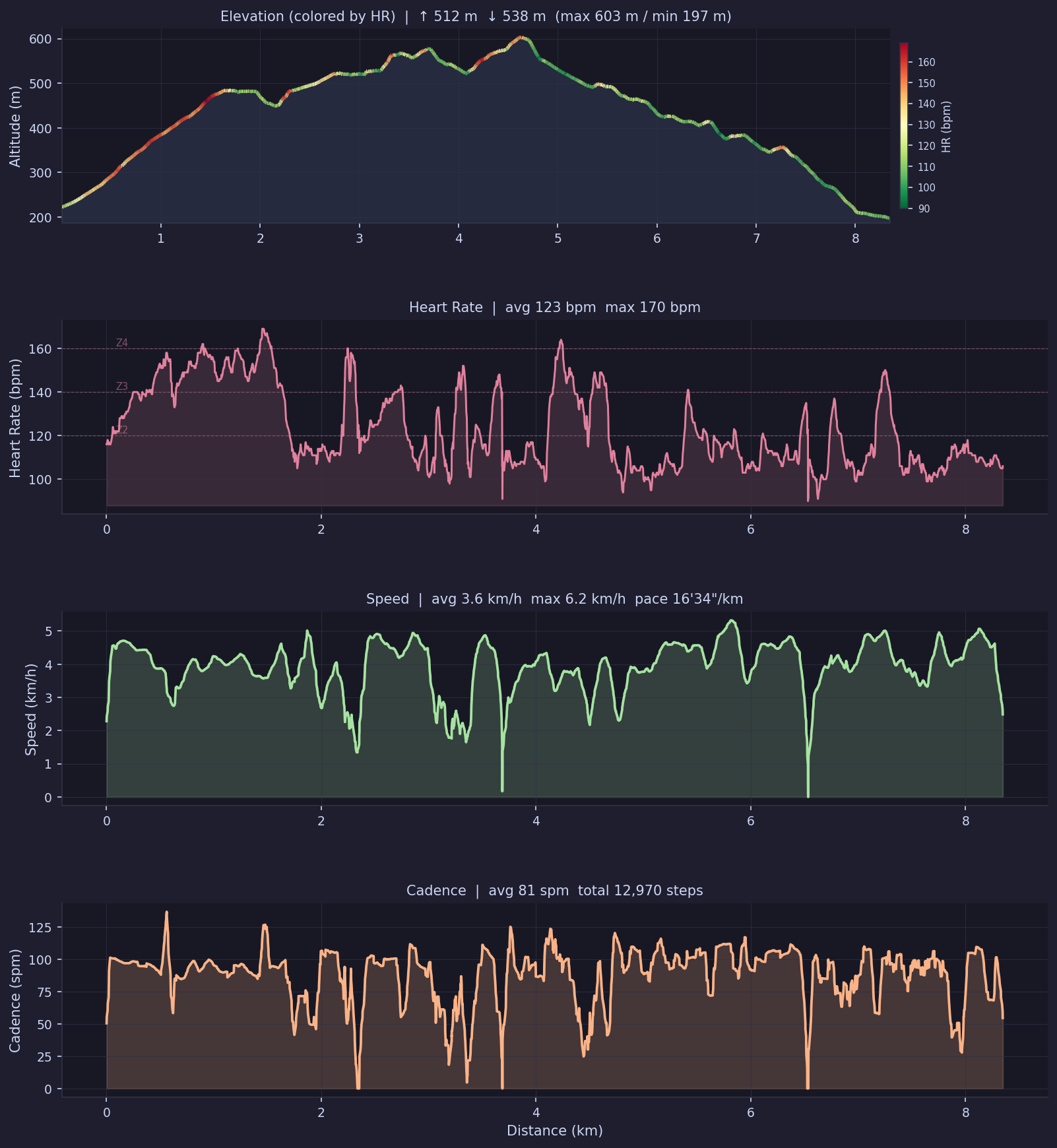 Elevation (colored by HR), heart rate, and speed charts